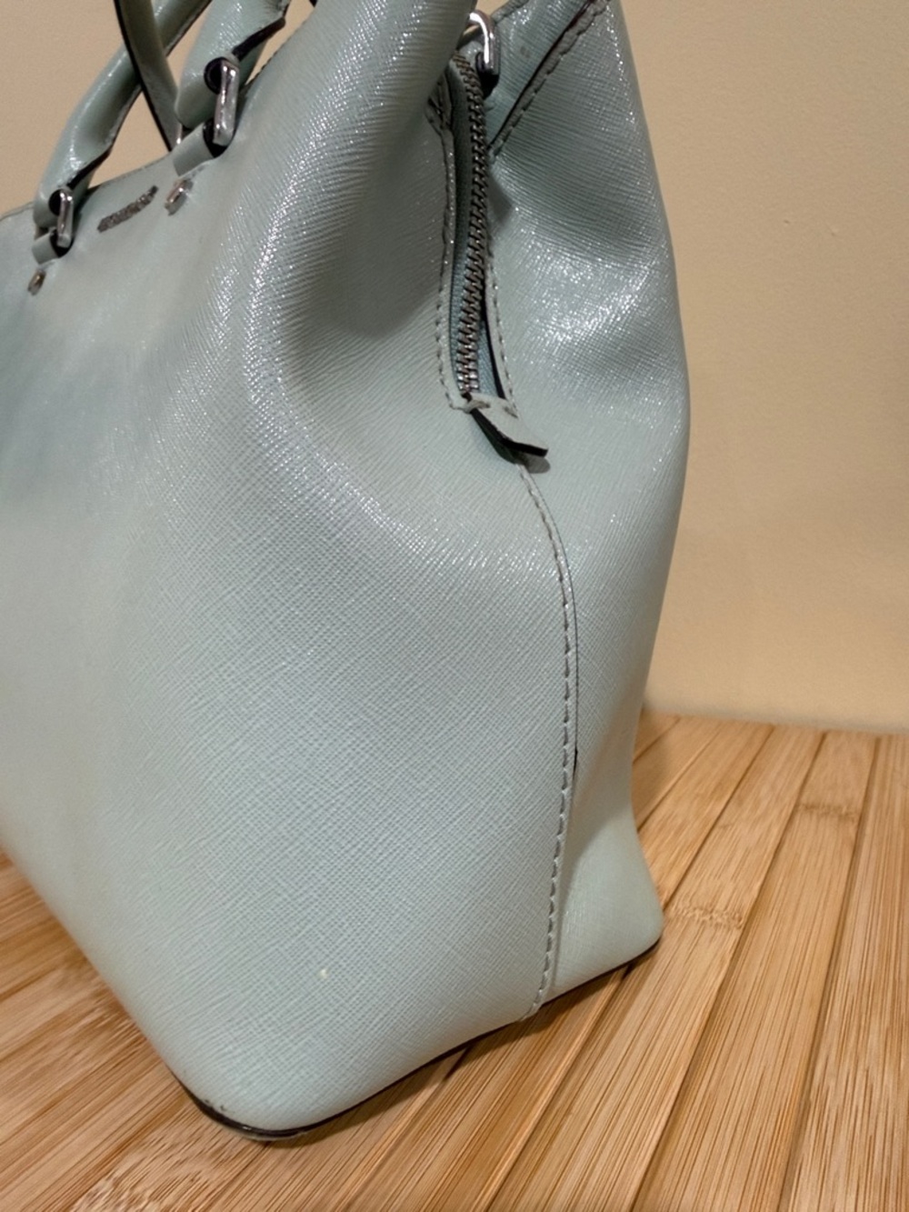 Michael Kors Pale Blue Saffiano Leather Satchel Michael Kors Handbag  MK Purses - Picture 8 of 16